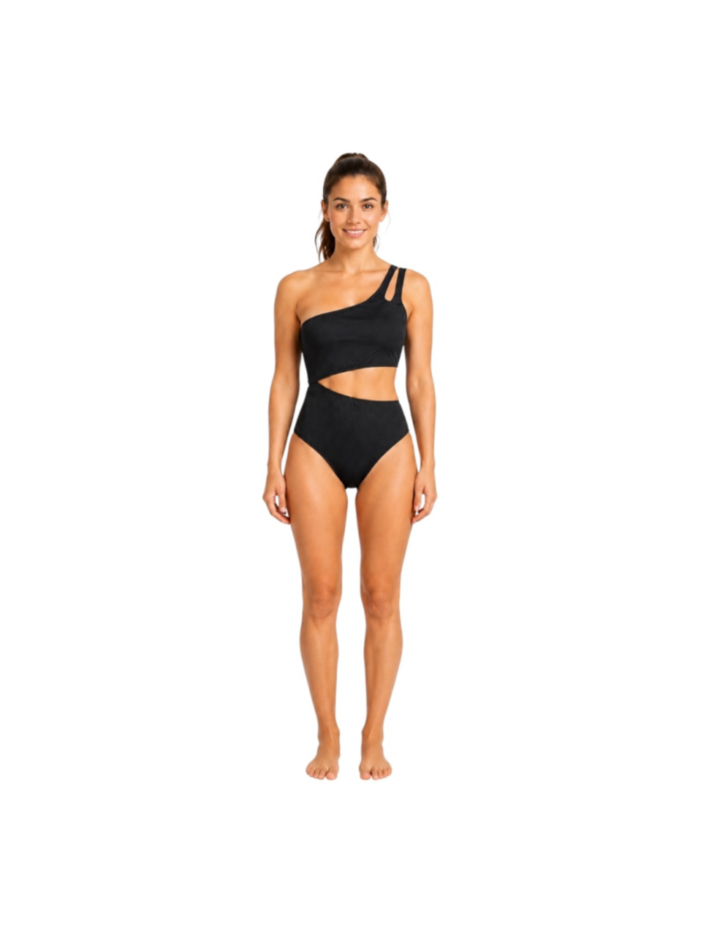 NWT YONIQUE Black Ribbed One-Shoulder Cutout One-Piece Swimsuit XS